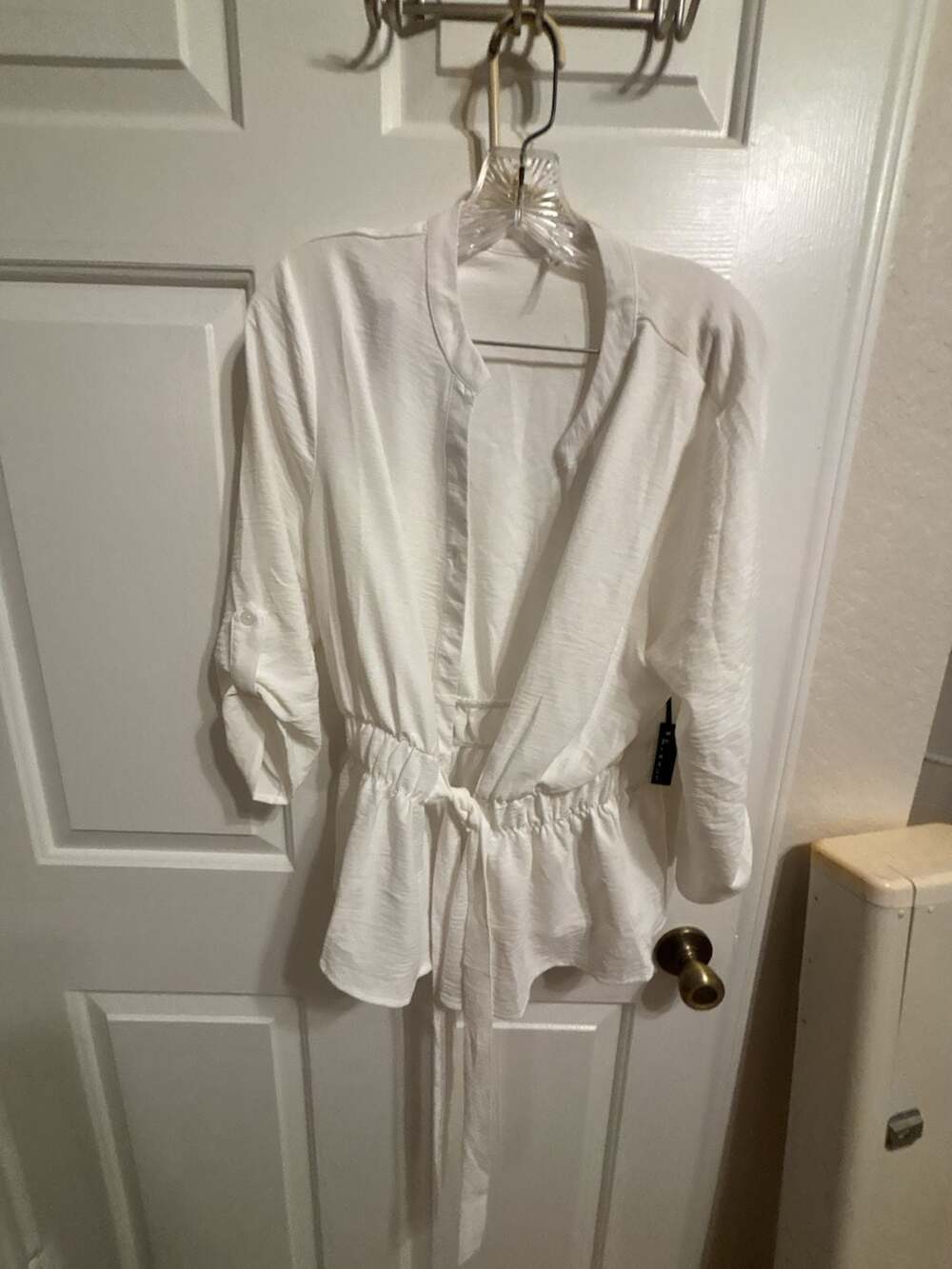 3RD + MALT White V-Neck Button Down Belted shirt